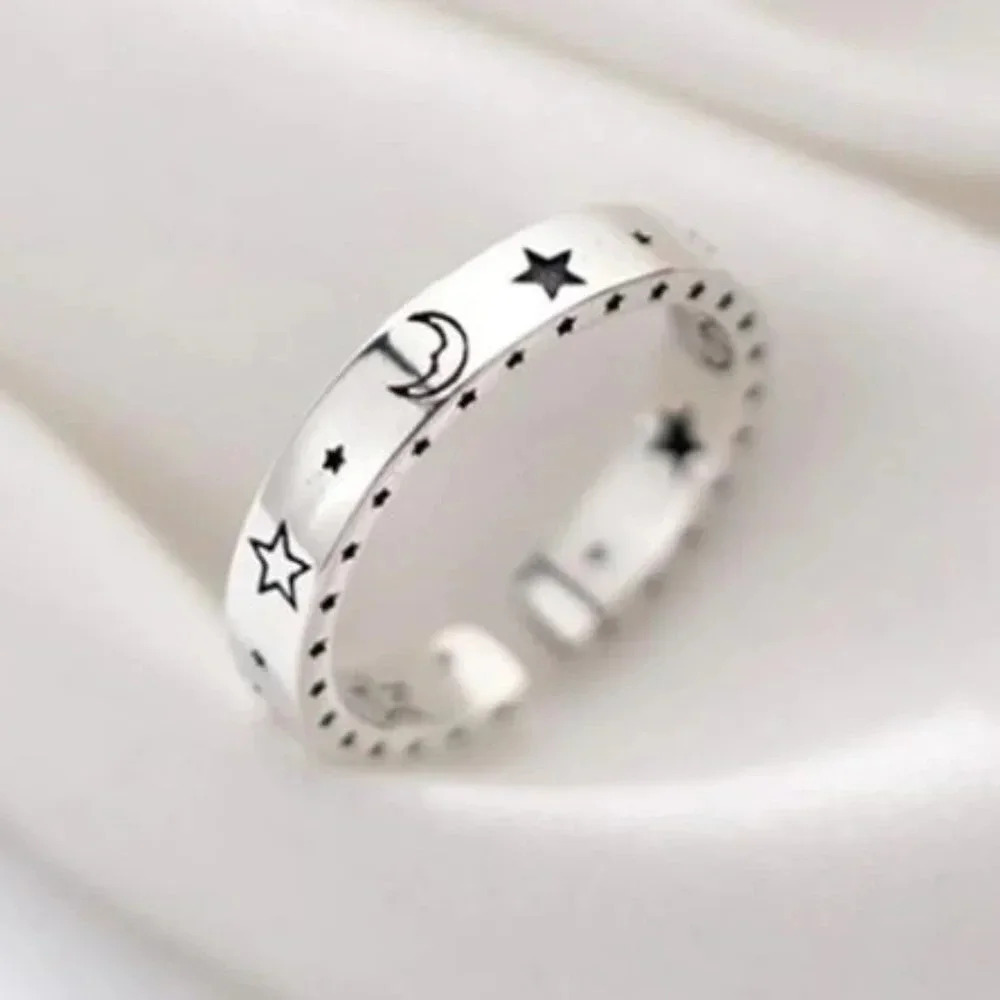 925 Sterling Silver Moon Star Happy Face Ring